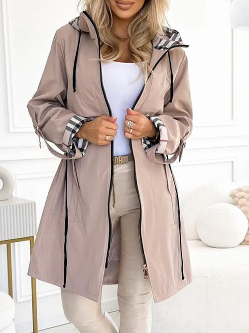Hooded Plaid Print Long Trench Coat