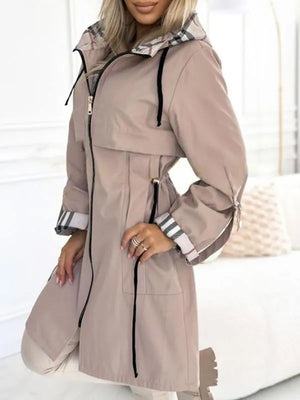 Hooded Plaid Print Long Trench Coat