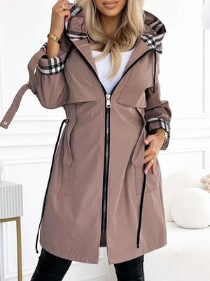 Hooded Plaid Print Long Trench Coat