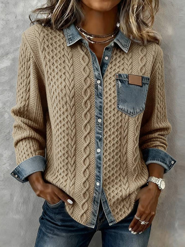 Knitted Patchwork Denim Cardigan Jacket