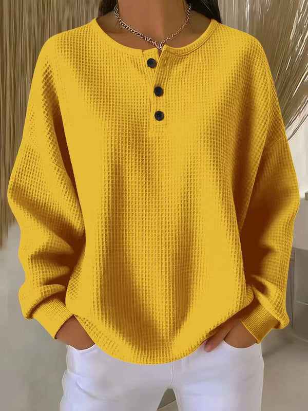Long-Sleeve Waffle Knit Crew Neck Top