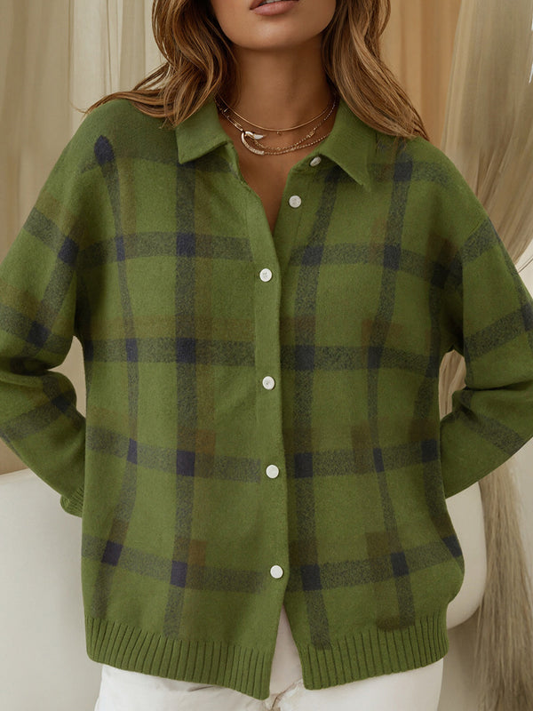 Loose-Fit Plaid Knit Cardigan