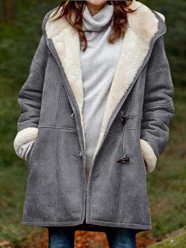 Mid-Length Suede Fleece Hoodie Coat