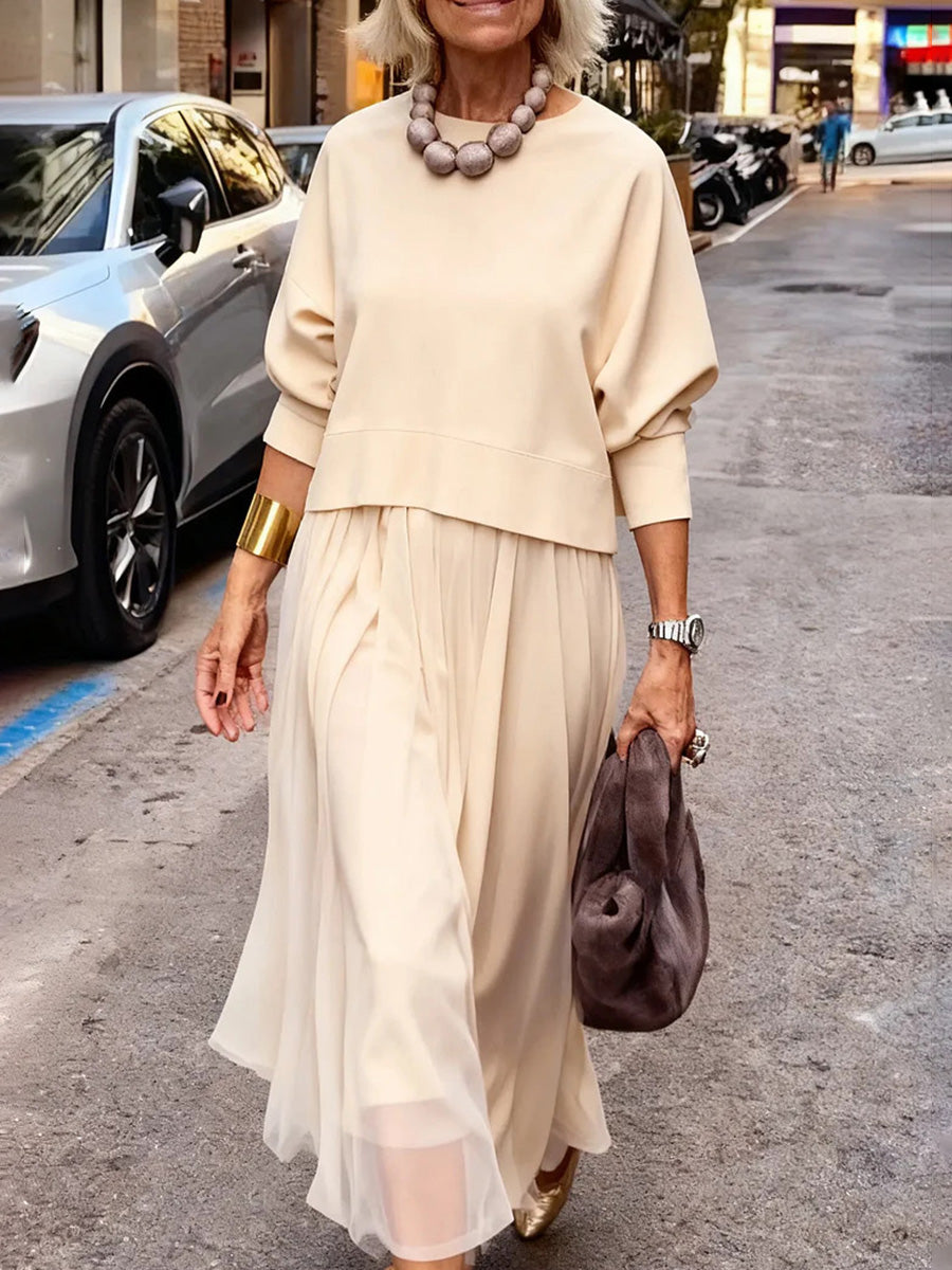 Minimalist Crew Neck Top & Mesh Maxi Dress Set