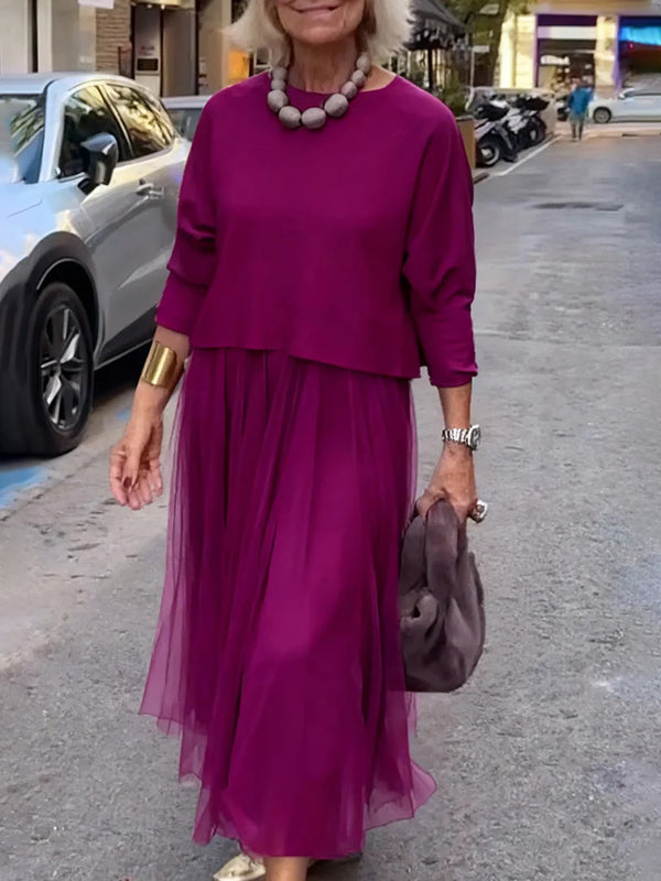 Minimalist Crew Neck Top & Mesh Maxi Dress Set