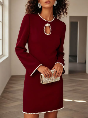 Pearl-Embellished Long Sleeve Mini Dress