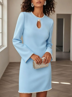 Pearl-Embellished Long Sleeve Mini Dress