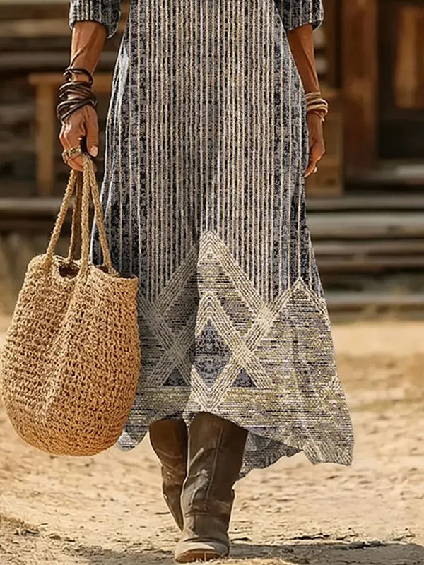 Retro Style Long Sleeve Printed Dress