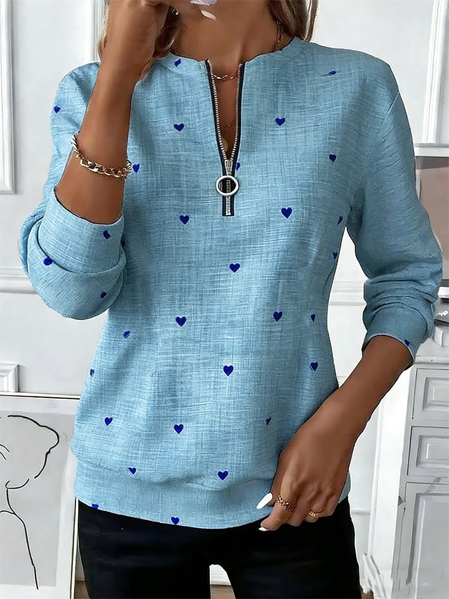 Romantic Heart Pattern Zip-Up Top