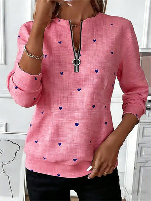 Romantic Heart Pattern Zip-Up Top