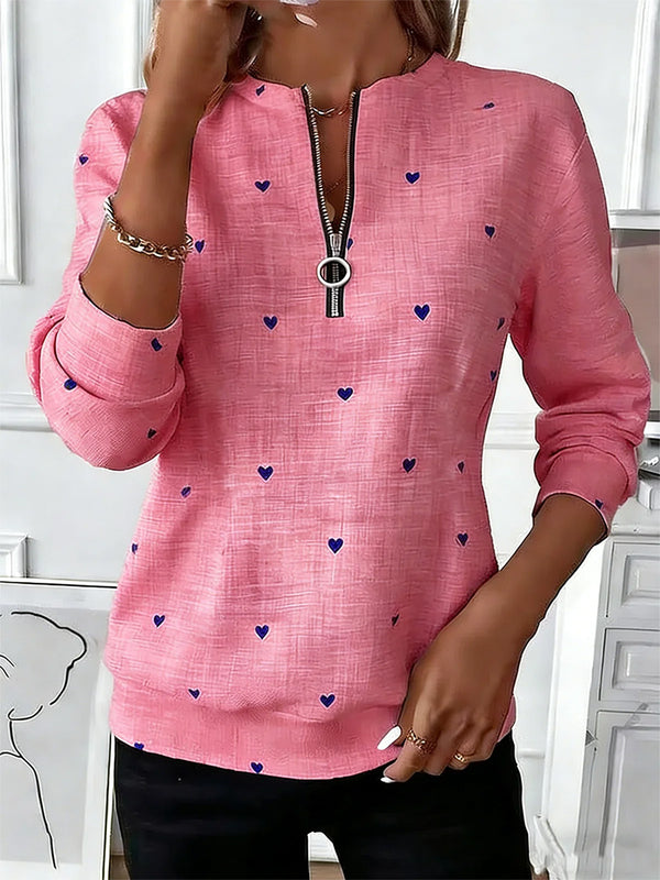 Romantic Heart Pattern Zip-Up Top