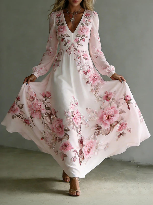 Romantic Long Sleeve Floral Print Maxi Dress