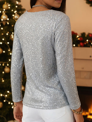 Shimmer Lace-Up Bow Long-Sleeve Elegant Top