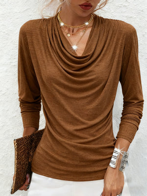 Sleek Gathered Long-Sleeve Mesh Accent Top
