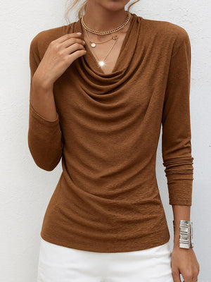Sleek Gathered Long-Sleeve Mesh Accent Top