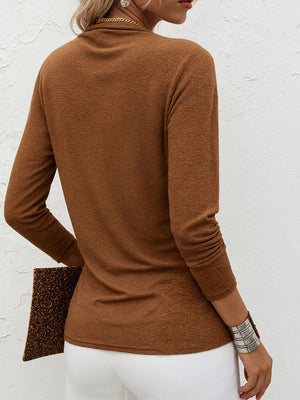 Sleek Gathered Long-Sleeve Mesh Accent Top