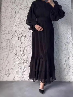 Sophisticated Long-Sleeve Pleated Silhouette Dress