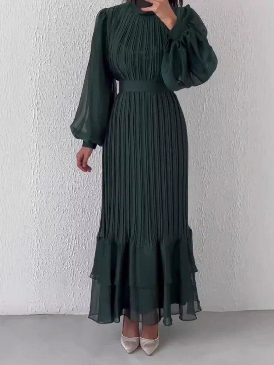 Sophisticated Long-Sleeve Pleated Silhouette Dress