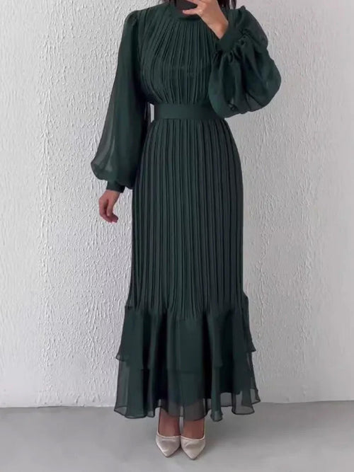 Sophisticated Long-Sleeve Pleated Silhouette Dress