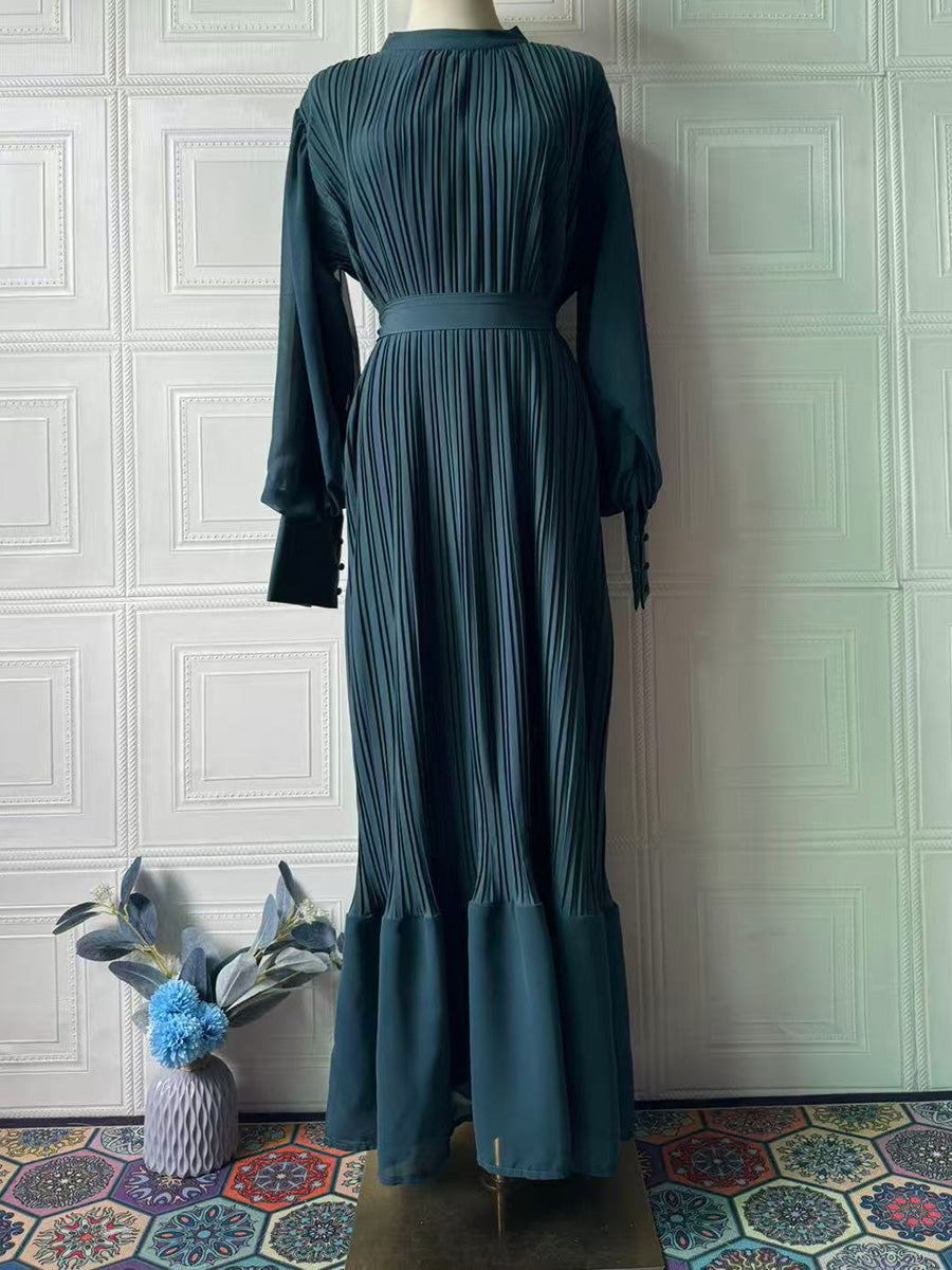 Sophisticated Long-Sleeve Pleated Silhouette Dress