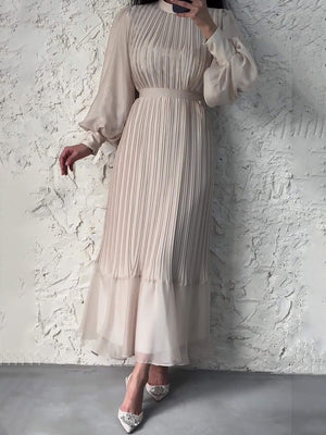 Sophisticated Long-Sleeve Pleated Silhouette Dress