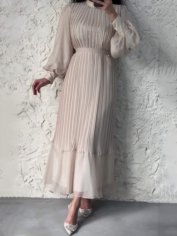 Sophisticated Long-Sleeve Pleated Silhouette Dress