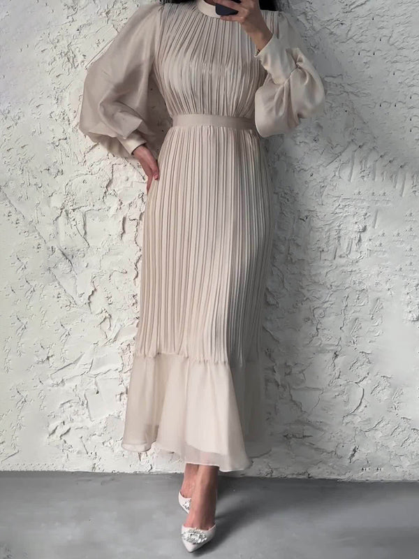 Sophisticated Long-Sleeve Pleated Silhouette Dress