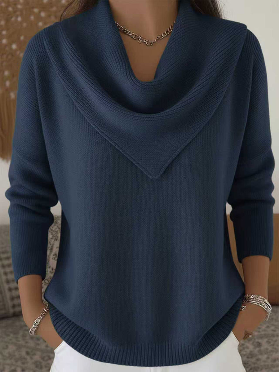 Statement Neckline Solid Knit Sweater
