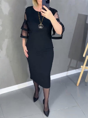 Black Mesh Panel Sleeve Back-Zip Midi Dress