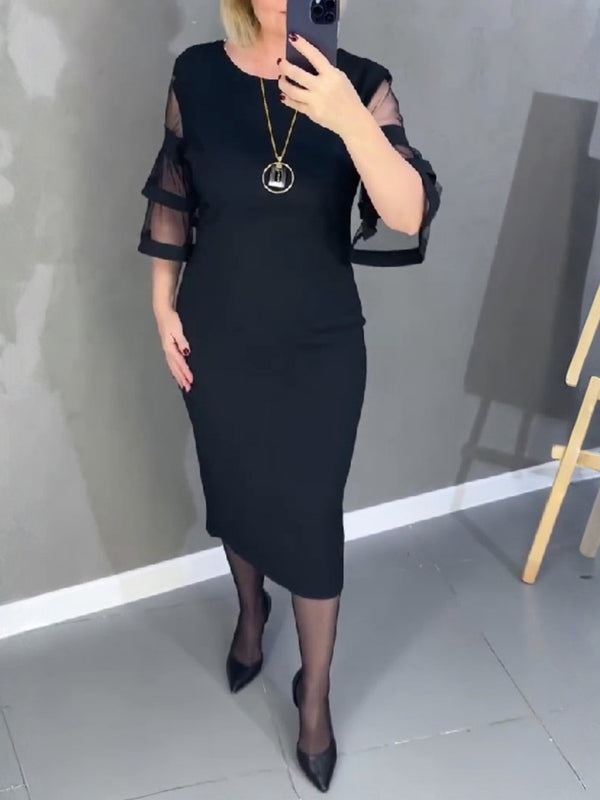 Black Mesh Panel Sleeve Back-Zip Midi Dress