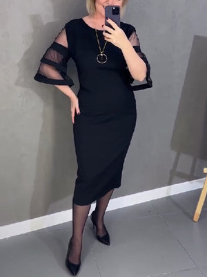 Black Mesh Panel Sleeve Back-Zip Midi Dress