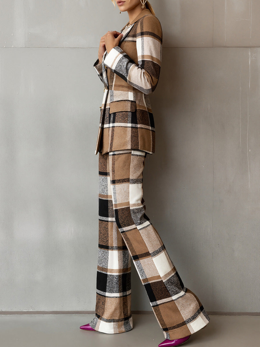 Stylish Brown Plaid Two-Piece Suit