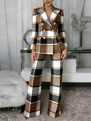 Stylish Brown Plaid Two-Piece Suit