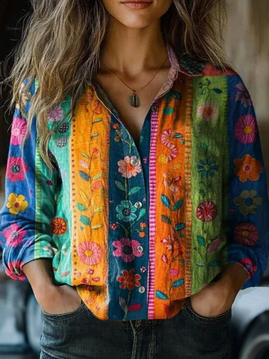 Stylish Print Collared Long Sleeve Top