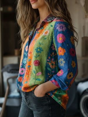 Stylish Print Collared Long Sleeve Top