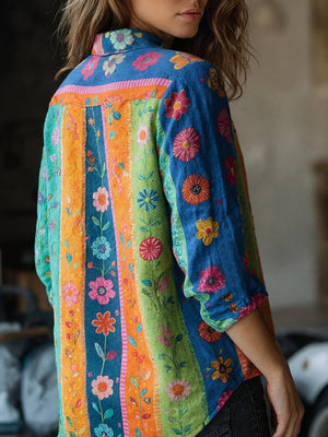 Stylish Print Collared Long Sleeve Top