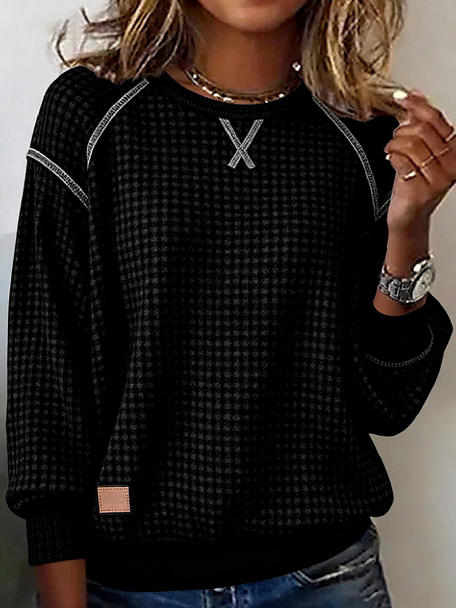 Textured Plaid Jacquard Crewneck Casual Sweatshirt