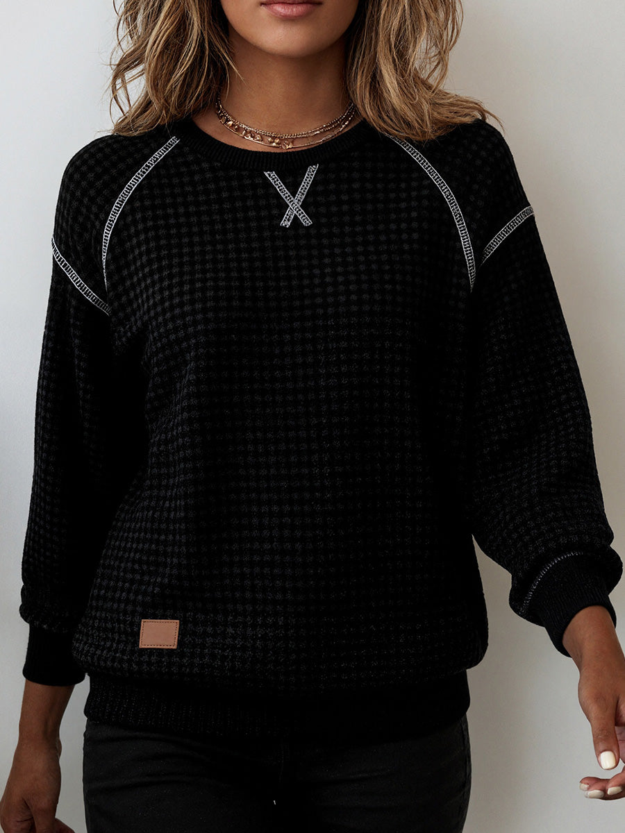 Textured Plaid Jacquard Crewneck Casual Sweatshirt