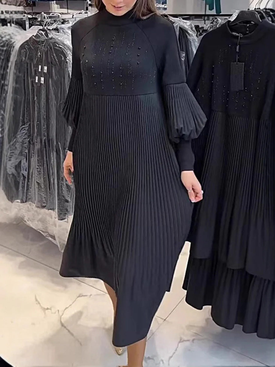 Timeless Pleated Dress with Dramatic Lantern Sleeves