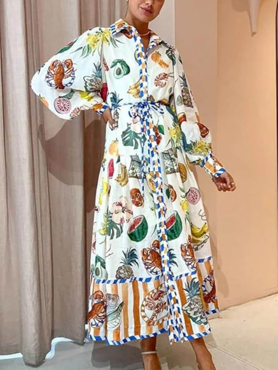 Unique Fruit Pattern Long-Sleeved Maxi Dress