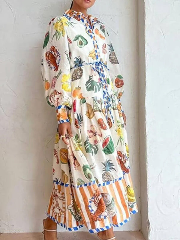 Unique Fruit Pattern Long-Sleeved Maxi Dress