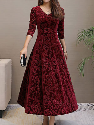 V-Neck Elegant Printed Velvet Dress
