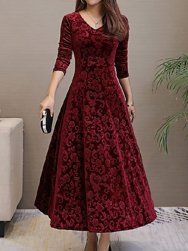 V-Neck Elegant Printed Velvet Dress