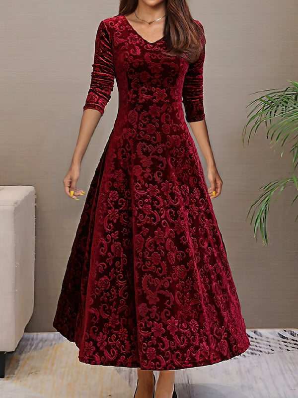 V-Neck Elegant Printed Velvet Dress