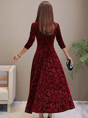 V-Neck Elegant Printed Velvet Dress