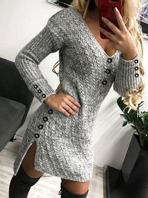 V-Neck Mini Sweater Dress