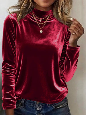 Velvet Half-High Neck Long-Sleeve Holiday Top