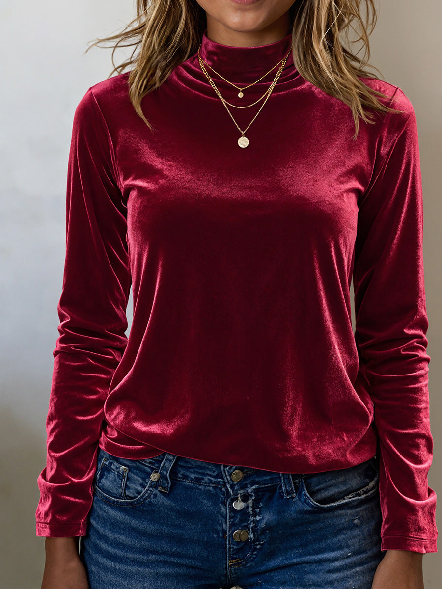 Velvet Half-High Neck Long-Sleeve Holiday Top