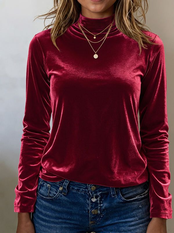 Velvet Half-High Neck Long-Sleeve Holiday Top