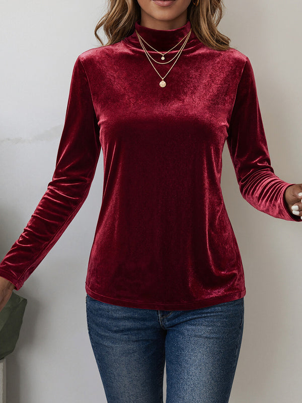 Velvet Half-High Neck Long-Sleeve Holiday Top